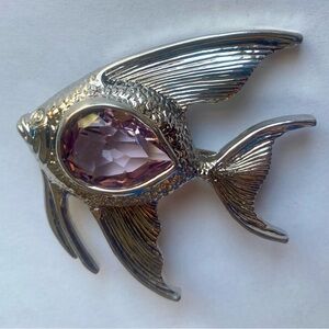 Graceful Vintage Silver Angel Fish Brooch Pin with Amethyst Colored Stone